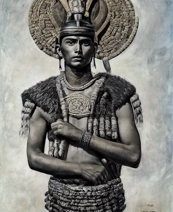 Image similar to portrait of a handsome young mayan warrior in yucatan, art by denys tsiperko and franz xaver kosler and bogdan rezunenko, hyperrealism