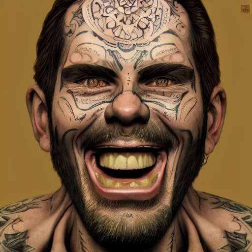 Prompt: tatted man laugh on camera. matte, facial features, symmetrical anatomy, hyperdetailed, digital art, baroque, pop punk art style, fantasy, full body pictures, without duplication, art by artgerm and ilya kuvshinov and vinicius gud and gustavo zambelli, intricate, octane render.