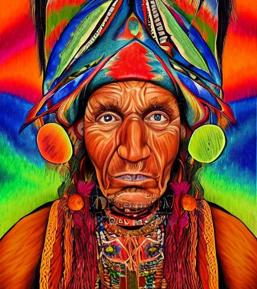 Image similar to Portrait painting in a style of Alex Grey of an old shaman dressed in a colorful traditional clothes.