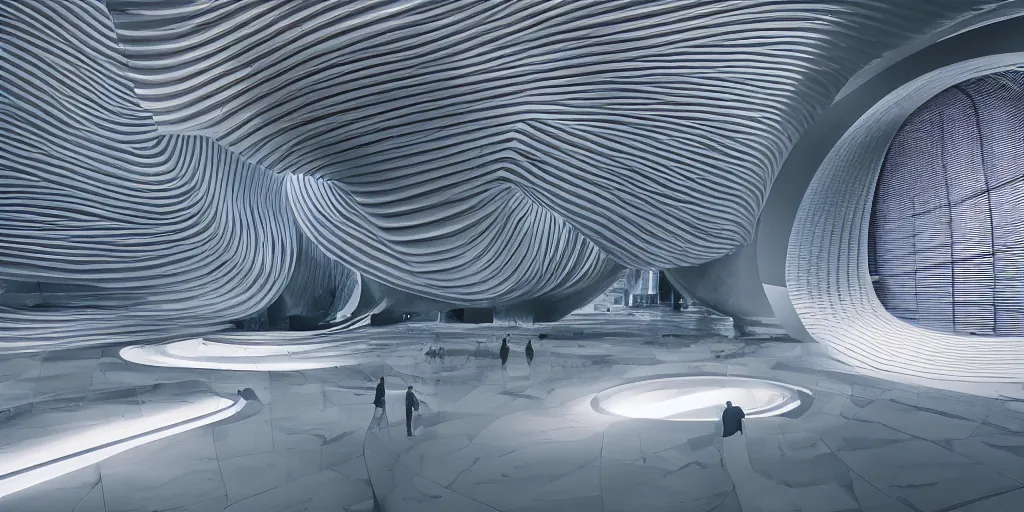 Image similar to extremely detailed stunning beautiful futuristic smooth curvilinear museum interior, hyper real, 8k, 3D cinematic volumetric light