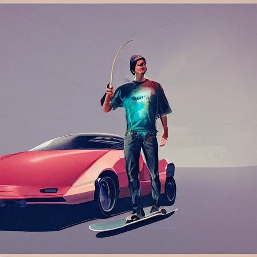 Prompt: a man holding a skateboard standing in front of a car, concept art by zack snyder, featured on cgsociety, retrofuturism, retrowave, synthwave, outrun