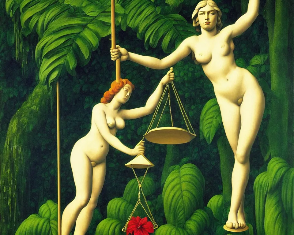 Image similar to an achingly beautiful print of lady justice in the rainforest by Raphael, Hopper, and Rene Magritte. detailed, romantic, enchanting, trending on artstation.