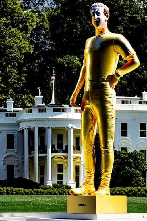 Image similar to A beautiful gold statue of Mark Zuckerberg in front of the White House, photo by Steve McCurry, heroic pose, detailed, smooth, smiling, professional photographer