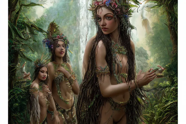 Prompt: a highly detailed beautiful divine tribal high priestess and water nymphs with feathers and crystals in a lush field of flowers, playing in waterfalls, wide painting by greg rutkowski and hr giger, zbrush, trending on artstation - h 1 0 2 4