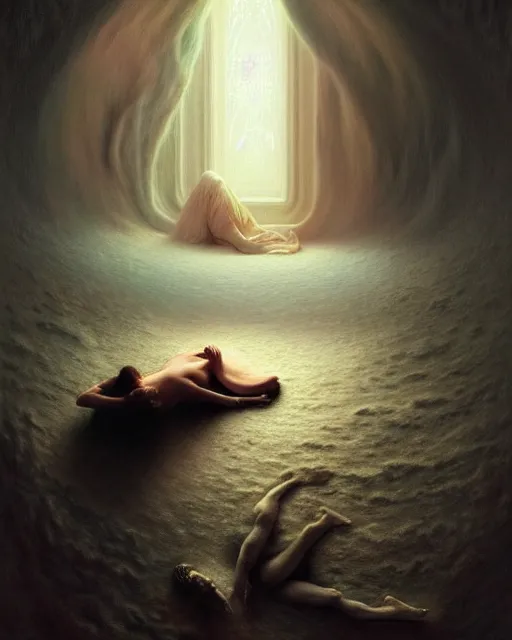 Image similar to a hyper - detailed 3 d render like a oil painting of a dream - self leaving a sleeping - self, surrealism!!!!! surreal concept art, lifelike, photorealistic, digital painting, aesthetic, smooth, sharp focus, artstation hd, by greg rutkowski, bruce pennington, valentina remenar and asher duran,