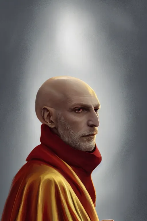 Prompt: a bald pale sorcerer in his late ninetees. stately and dour in his expression. eyeliner accentuates his sunken eyes. a high black turtleneck covers his thin neck. opulent white golden red robe, gold decoration, sharp focus, digital painting, illustration, art by magali villeneuve