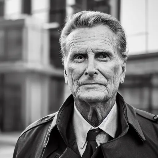 Image similar to robert stack wearing a trench coat unsolved mysteries waiting to start his work shift, ( sony a 7 r iv, symmetric balance, polarizing filter, photolab, lightroom, 4 k, dolby vision, photography awardm, voque, perfect face )