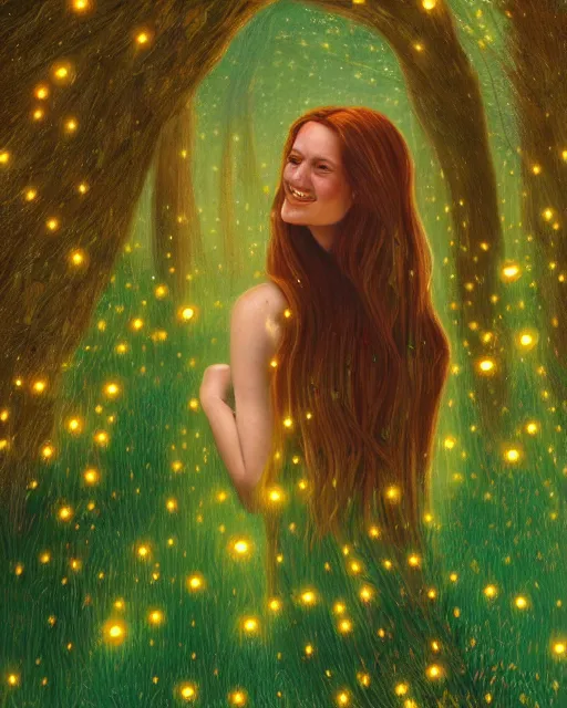 Image similar to a young woman, smiling, amazed by the lights of golden fireflies, sitting in the midst of nature fully covered, long loose red hair, intricate linework, dreamy green eyes, small nose with freckles, oval shape face, realistic, expressive emotions, dramatic lights, spiritual scene, hyper realistic ultrafine digital art by james jean and albert bierstadt