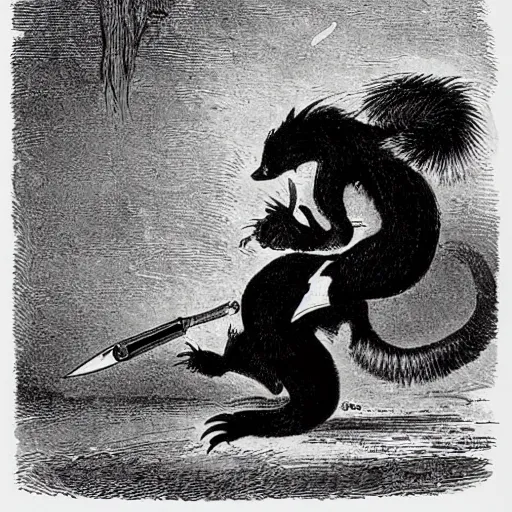 Image similar to a threatening skunk wielding a switchblade. Detailed 1865 Illustration by John Tenniel.