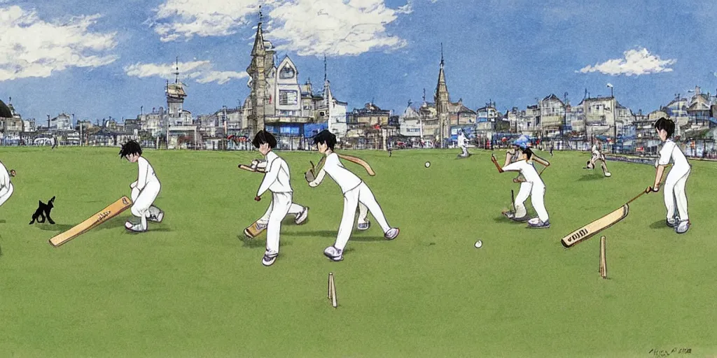 Prompt: cats playing cricket in a cricket ground, art by Hayao Miyazaki