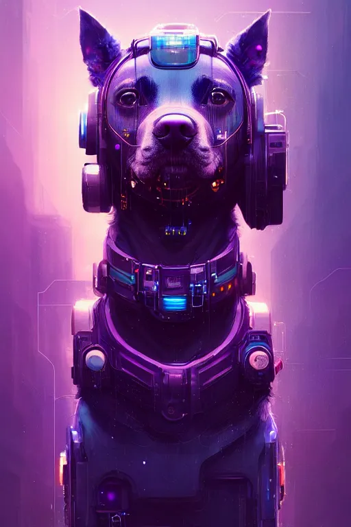 Image similar to a beautiful portrait of a cute cyberpunk dog by greg rutkowski and wlop, purple blue color scheme, high key lighting, volumetric light, digital art, highly detailed, fine detail, intricate, ornate, complex, octane render, unreal engine, photorealistic