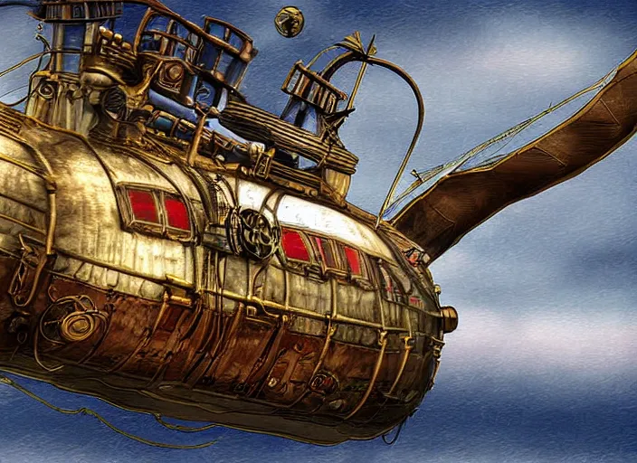 Prompt: crossing the Atlantic on an airship, steampunk digital art