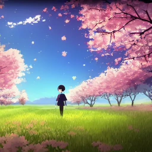 Image similar to Field full of cherry blossoms, Makoto Shinkai and Hayao Miyazaki style,