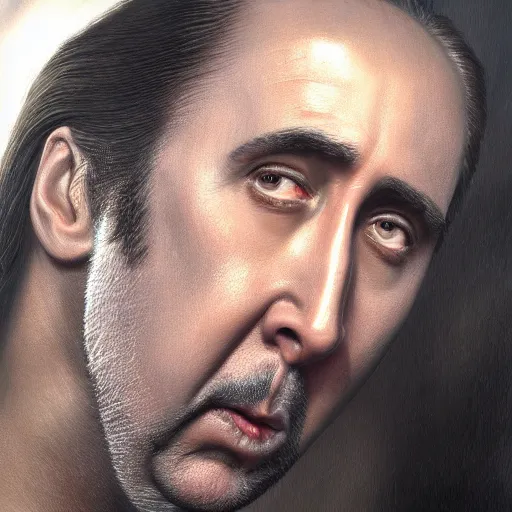 Image similar to a detailed fantasy character portrait of Nicolas Cage as godfather by lauri blank, artgerm, evelyn de morgan, 8K, 50mm lens