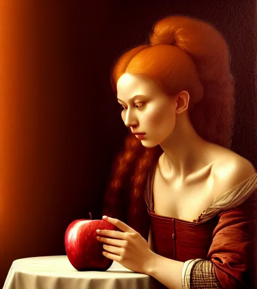 Image similar to portrait of an apple sitting upon a table with heightened detail, poised, intense emotion, detailed facial expression, detailed surroundings, intricate, elegant, highly detailed, centered, digital painting, artstation, concept art, smooth, sharp focus, illustration, by ( leonardo da vinci ), wlop