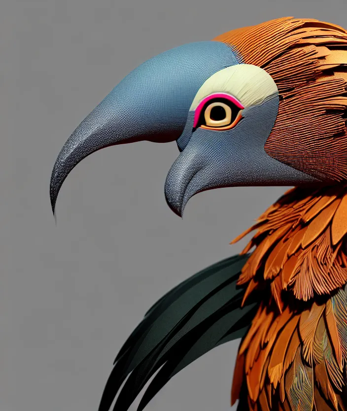 Image similar to a high resolution realistic photo portrait of a birdlike sculpture creature made of birds merged, creature wrinkles pheasant, feathers exotic morphing hoopoe, morphing wings king vulture head, global illumination, refraction, displacement map, bump map, normal map