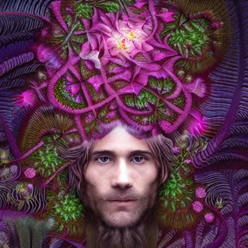 Prompt: an idealistic man, stern face, clear eyes, with classic cloth and fractal flowery hair in a fractal garden, glowing delicate flower and ferns that grow in a dark fatansy forest on the planet pandora,