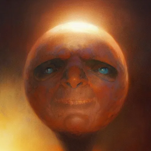 Image similar to beautiful realistic fantasy painting of an orb with a face , by pascal blanche and Frazetta and Beksinski, volumetric lighting, trending on art station, polarizer filter