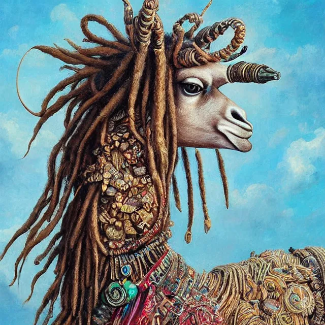 Image similar to llama with dreadlocks, ancient, by mandy jurgens, ernst haeckel, james jean