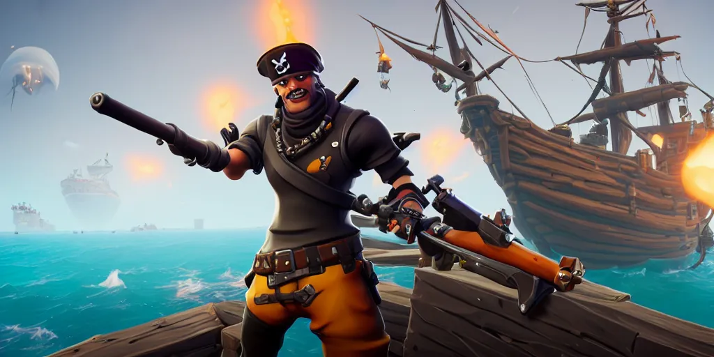 Prompt: A screenshot of a fortnite pirate standing on the front of the ghost ship with the black Jolly Roger flag, the ghost ship is in the middle of the ocean, in Fortnite, extremely detailed, pirate portrait, fantasy art overwatch and heartstone, cgsociety, artstation hq, octane render, 8k, stylized 3D CGI art , 3D, Unreal Engine, 4K UHD, RTX, DLSS,