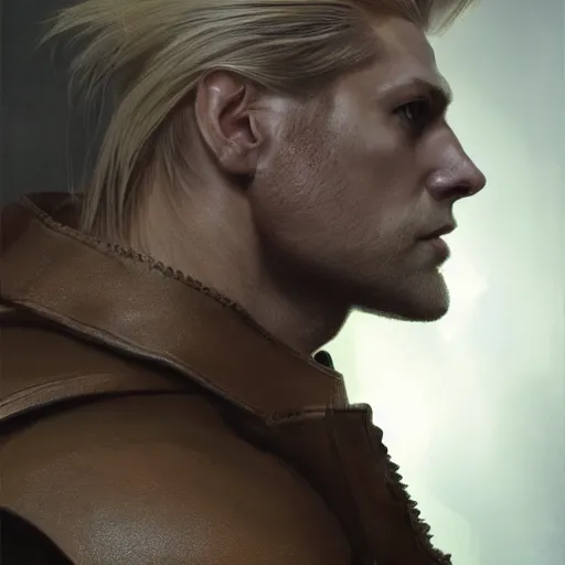 Image similar to rear side portrait of a muscular, ponytail haired blonde man with only left arm armored, wearing a thick brown leather coat, looking to his left, DnD, fantasy, dramatic lighting, digital art by Ruan Jia, Donglu Yu