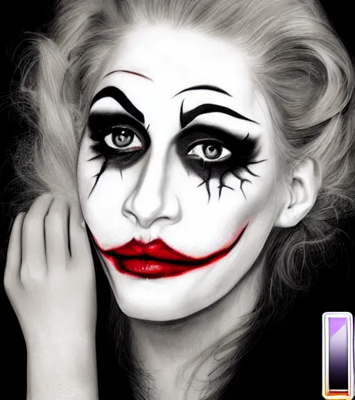 Image similar to tattoo design sketch of a beautiful blonde female portrait with joker makeup, in the style of den yakovlev, realistic face, black and white, realism tattoo, hyper realistic, highly detailed