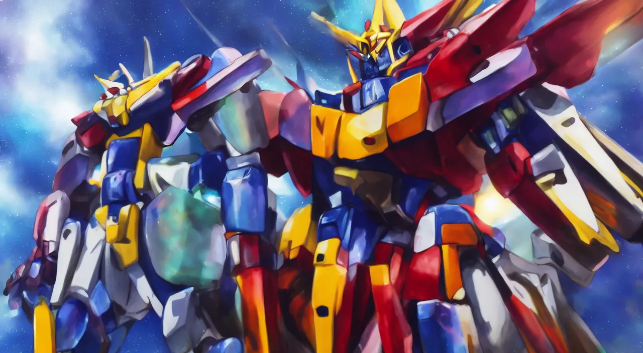 Image similar to medium close up view, Gundam,Guyver,colourful space, bokeh, blur, cinematic lighting