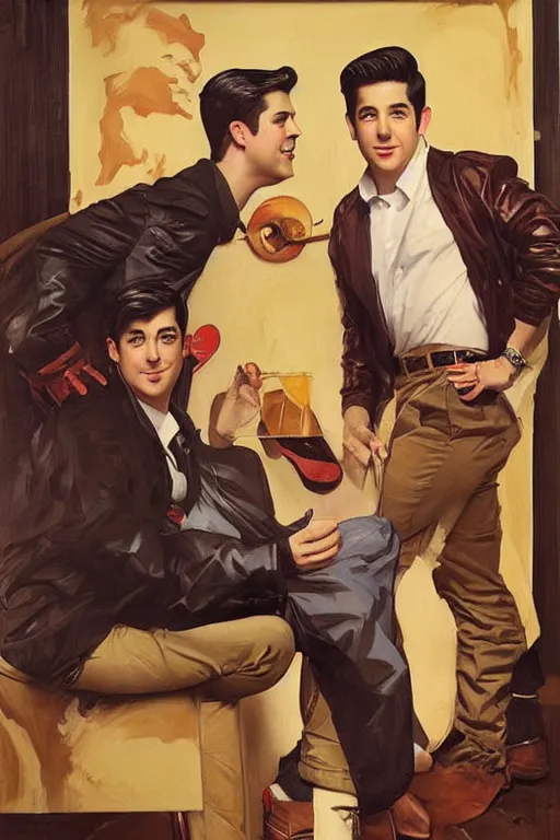 Prompt: drake bell and josh peck, painting by jc leyendecker!! phil hale!, angular, brush strokes, painterly, vintage, crisp