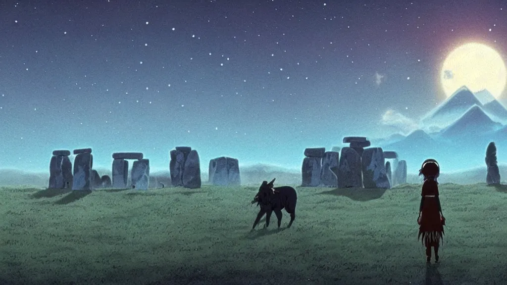 Image similar to a cell shaded cartoon movie still from princess mononoke ( 1 9 9 7 ) showing a chrome ufo over stonehenge. in the background is machu pichu on a misty and starry night. very dull muted colors, hd, 4 k, hq