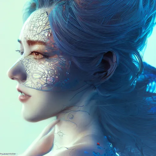 Image similar to the portrait of a blueberry that resembles an absurdly beautiful, graceful, elegant, sophisticated gravure idol, an ultrafine hyperdetailed illustration by kim jung gi, irakli nadar, intricate linework, bright colors, octopath traveler, final fantasy, unreal engine 5 highly rendered, global illumination, radiant light, detailed and intricate environment