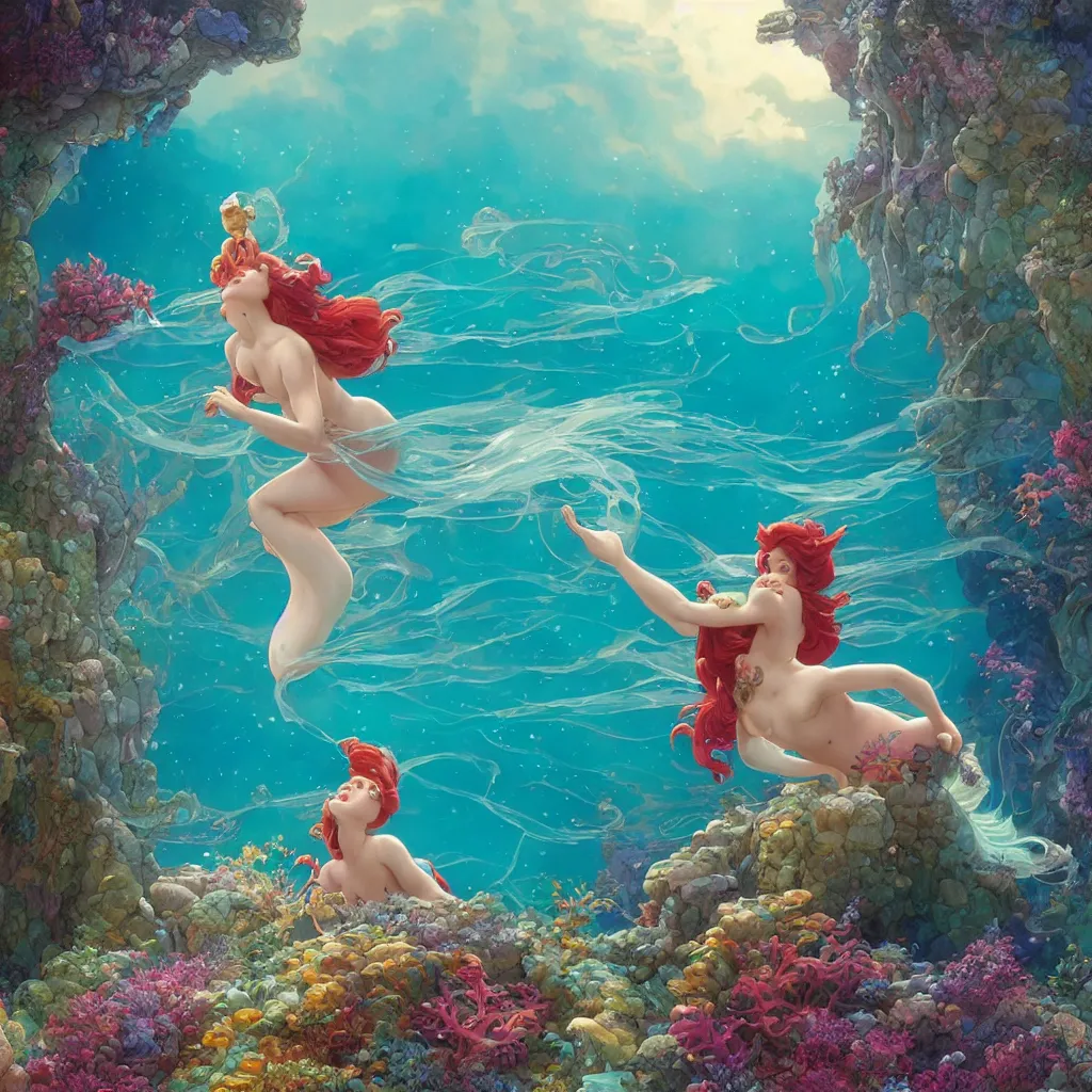 Image similar to the little mermaid sings in the colorful ocean, correct human body and perspective, pearls and shells, fantasy art by ferdinand knab, makoto shinkai and ilya kuvshinov, rossdraws, tom bagshaw, alphonse mucha, trending onstudio ghibli, radiant light, highly detailed, octane render, 8 k