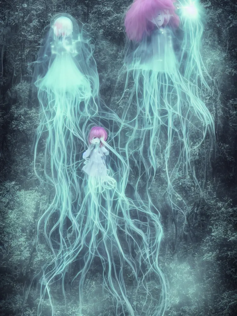 Image similar to cute fumo plush smiling ectoplasmic gothic jellyfish ghost girl waving in deep fog over mysterious waters, anime, reflective river bank in the midst of a forgotten forest, glowing pink wisps of hazy green smoke and eerie blue volumetric fog swirling about, moonlight, glowing lens flare, black and white, refraction, vray