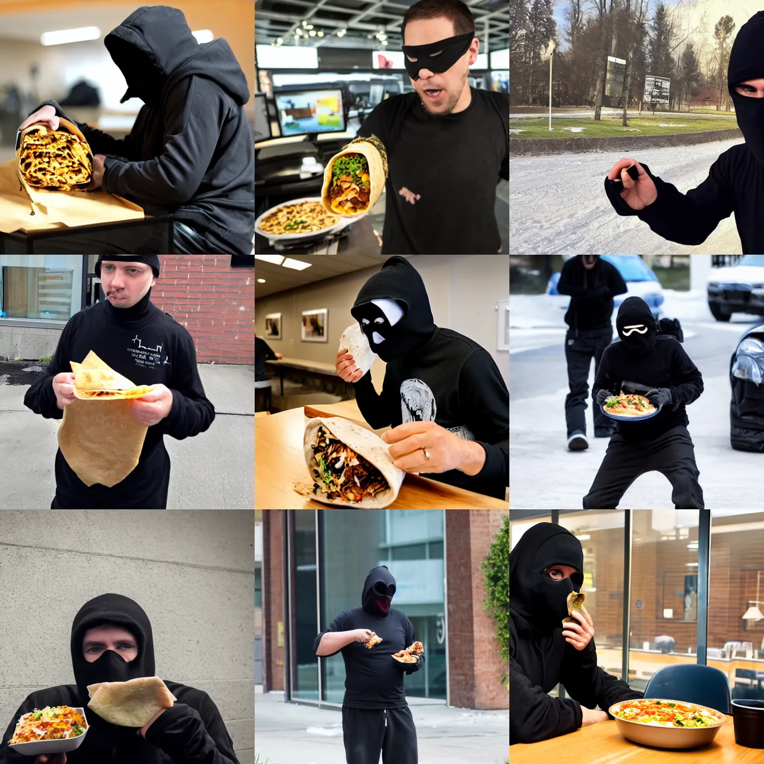 Prompt: a hacker dressed in all black with a ski mask eating a comically large burrito.