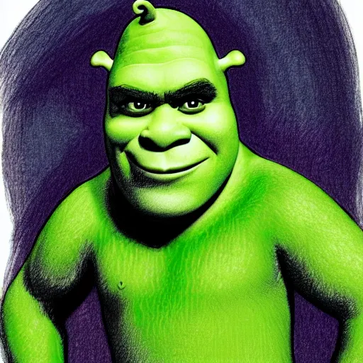Prompt: shrek with buzz cut pencil sketch, colored