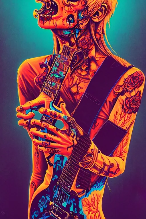 Image similar to zombie punk rocker playing guitar, tristan eaton, victo ngai, artgerm, rhads, ross draws, intricated details, 3 / 4 view, full body portrait, extremely luminous bright design, horror, pastel colours, toxic drips, autumn lights