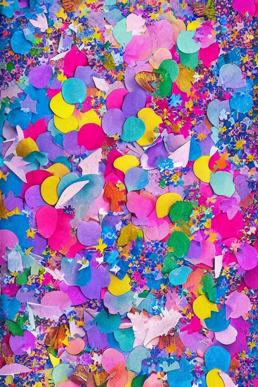 Image similar to detailed illustration, a confetti background, collage, may gibbs, layered composition, layers, texture, textured, layered, sculpted, dynamic, 🦋, 🎈,