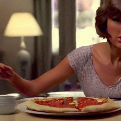 Image similar to film still of feedee Taylor Swift eating an entire pizza by herself with her big bloated belly on display