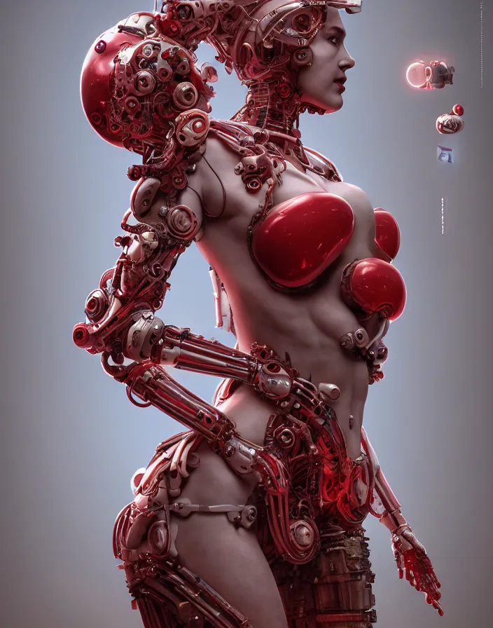 Prompt: portrait, antique marble statue venus, super hero pose, red white biomechanical dress, inflateble shapes, wearing epic bionic cyborg implants, masterpiece, intricate, biopunk futuristic wardrobe, highly detailed, art by akira, mike mignola, artstation, concept art, background galaxy, cyberpunk, octane render