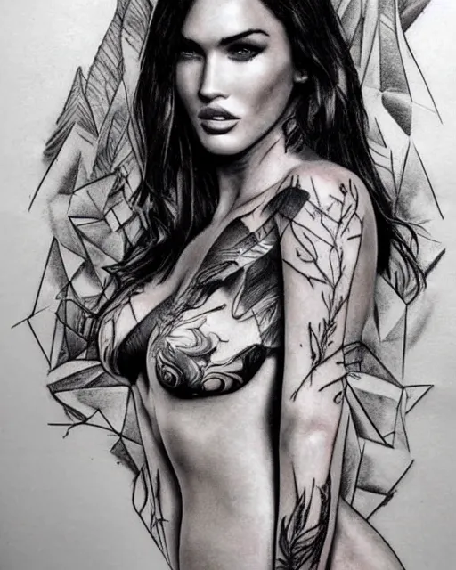 Image similar to double exposure effect tattoo design sketch of megan fox with amazing mountain scenery, realism tattoo, in the style of den yakovlev, amazing detail, sharp