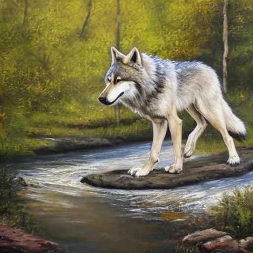 Prompt: A majestic and beautiful wild wolf out by a river with its head down taking a drink from the stream while it's ears are up and alert listening for danger with trees behind it, set in warm spring where it is sunny and windy, award winning, oil painting, 8k