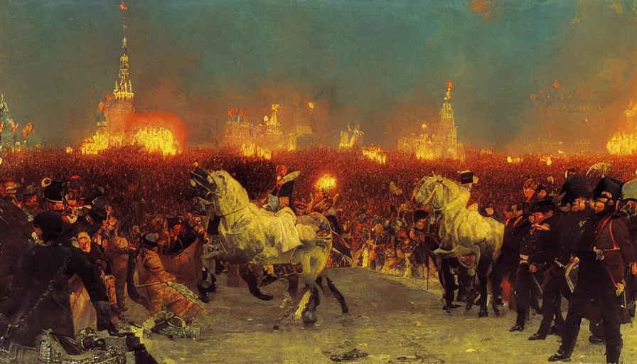 Image similar to moscow ablaze as napoleon approaches, by ilya repin [ wide painting ]