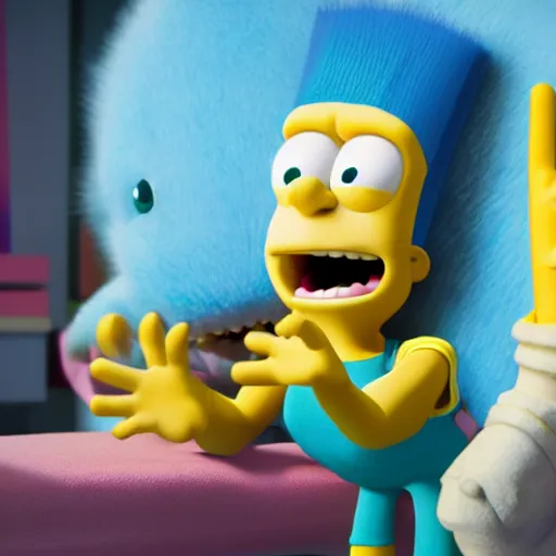 Image similar to film still of Bart Simpson in Monster Inc from Pixar, octane render, volumetric, raytracing, trending on artstation