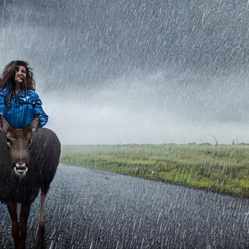 Image similar to 4 k hdr wide angle detailed portrait of a beautiful instagram model woman riding on top of a wild buck deer in a rain shower during a storm with thunder clouds overhead and moody stormy lighting sony a 7