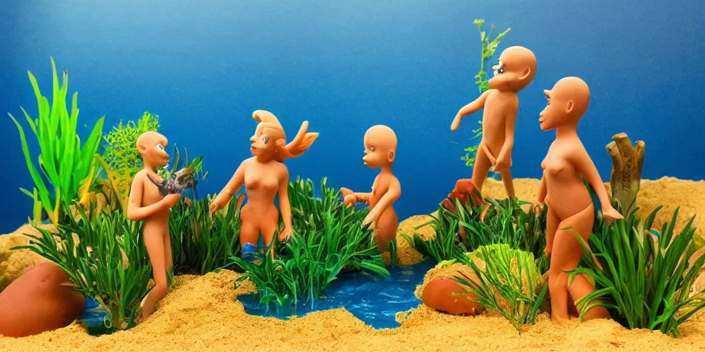 Image similar to plasticine model in water. siamese fighting fish. clay figure. tropical fish tank with sand. astrix and obelisk. tintin. hands. wallace and gromit. figures clay. aquatic photography.