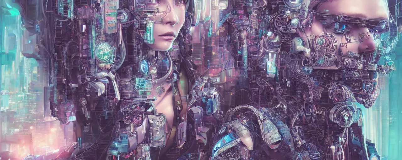 Prompt: portrait of a cyberpunk sci-fi artificual intelligence machine, third person, D&D, sci-fi fantasy, intricate, hologram colors , highly detailed, art by Range Murata, highly detailed, isometric 3d, octane render, bright colors, digital painting, trending on artstation, sharp focus, illustration style of Stanley Artgerm,