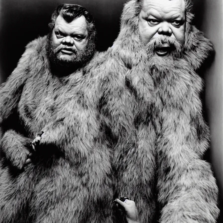 Image similar to An Annie Leibovitz portrait of Orson Welles in a Bigfoot costume