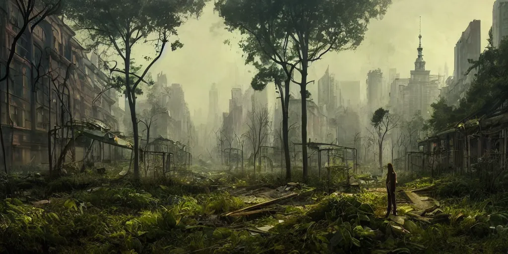 Prompt: postapocalyptic city of warsaw, poland overgrown with vegetation, plantlife and wildlife. fantasy art by greg rutkowski, gustave courbet, rosa bonheur, edward hopper. faithfully depicted architecture, realistic, sharp focus, global illumination, radiant light, detailed and intricate environment, trending on artstation