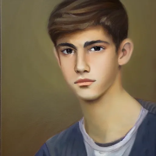 Prompt: beautiful oil painting of a teenage boy with short side part light brown hair and brown eyes