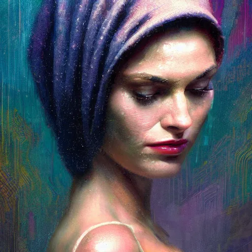 Image similar to detailed face of a woman clothed wrapped in textiles, lush, opulent, fauna, utopian, tech noir, wet reflections, prism, atmospheric, ambient, pj crook, syd mead, livia prima, artgerm, greg rutkowski, nick alm, casey baugh