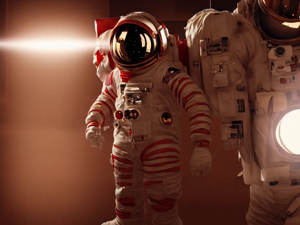 Image similar to ornate red bone in astronaut suit, gold linens, cinematic lighting, dramatic, octane render, long lens, shallow depth of field, bokeh, anamorphic lens flare, 8k, hyper detailed, 35mm film grain